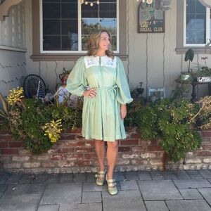 Innika Choo Sea Foam Green Tissue Box Embroidered Bib Collar Belted Dress Size M